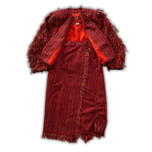 Vintage Crystal Handwoven Women's 2pc Skirt Blazer Set Red Multi Yarn Fringe